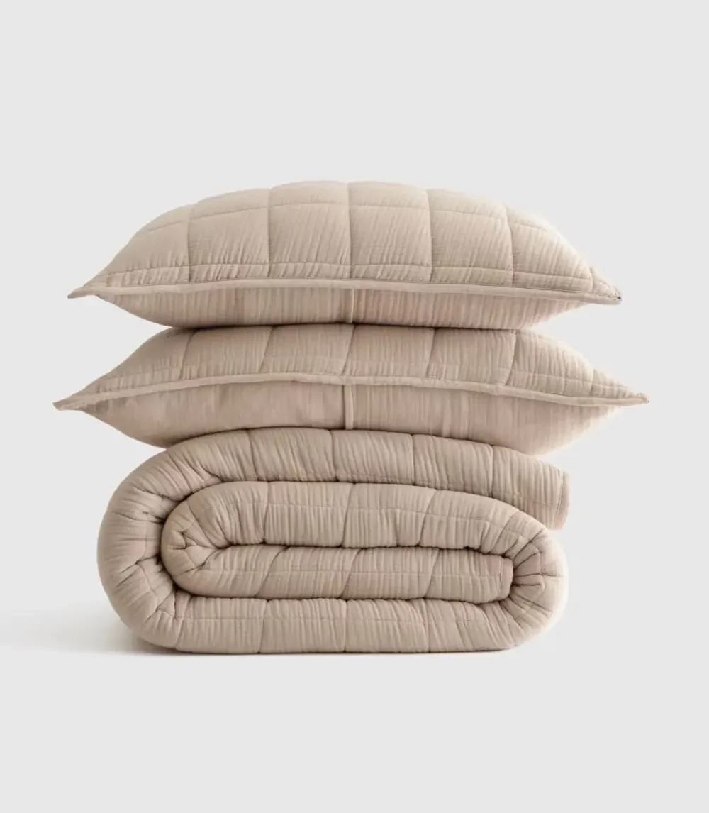 QUINCE Organic Cotton Gauze Box Quilt SET King/CAL KING Size in DUNE